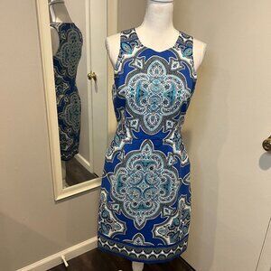 dressbarn Blue and White Patterned Midi Dress